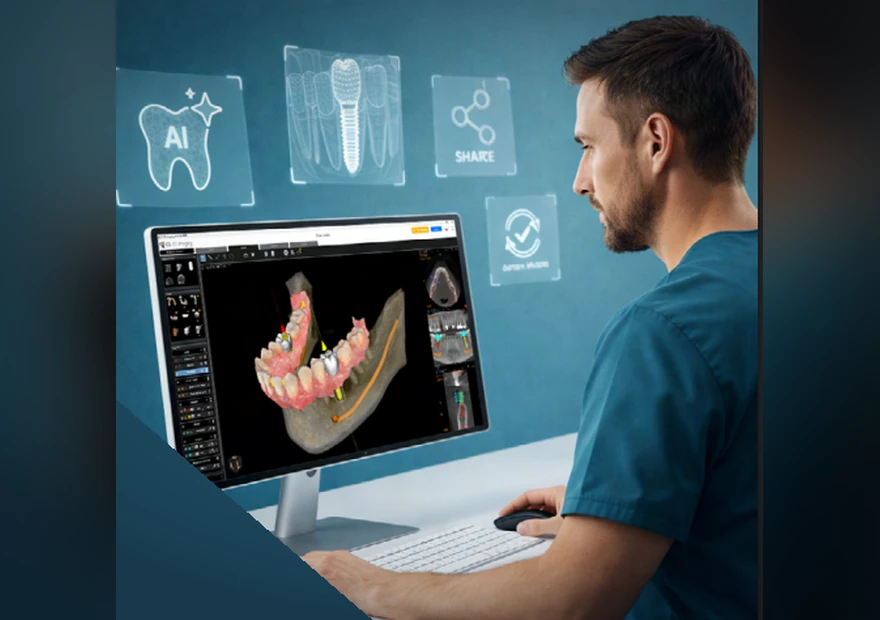 Médico dentista a trabalhar com imagem dentária 3D no software de planeamento